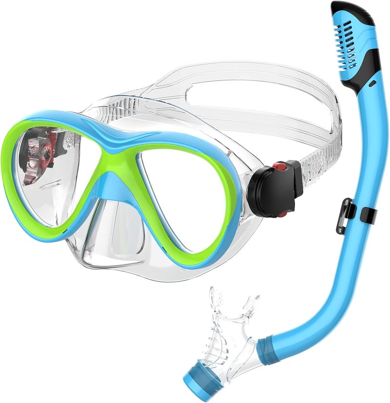 Jwintee Kids Snorkel Set, Dry Top Snorkeling Gear for Kids, Diving Mask for Youth Boys Girls Age 5-15, Tempered Glass Swimming Goggles Combo Set, Anti-Fog Panoramic View Kids Snorkel Set - Image 1